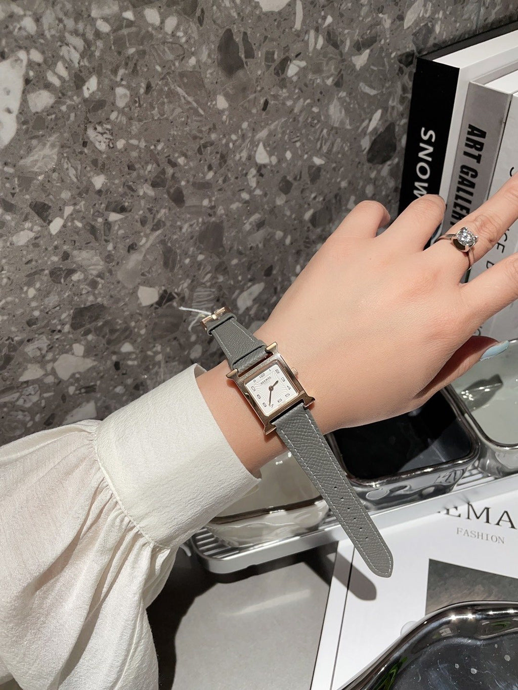 Hermès Gray Strap Gold-Tone Square Watch — model